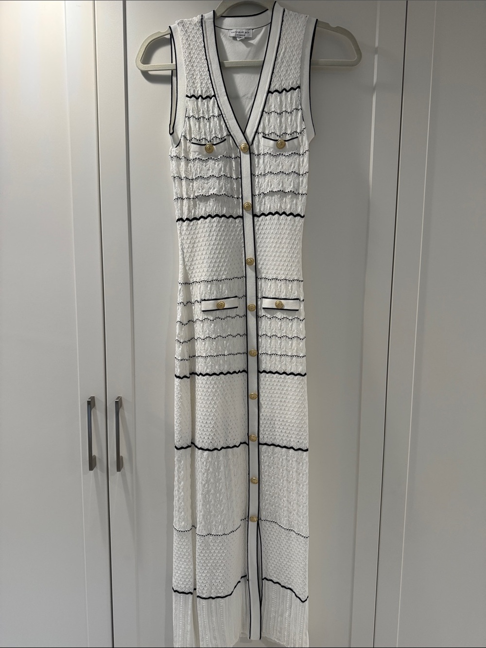 Current/Air White Maxi Knit Dress with Black Trim and Gold Buttons - Picture 2 of 3